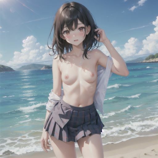 海辺で遊ぶ、びしょ濡れ制服美少女1